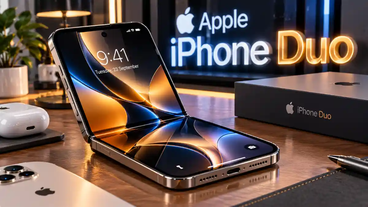 Apple iPhone Duo foldable smartphone partially folded on a wooden desk, showcasing its premium design and vibrant screen.
