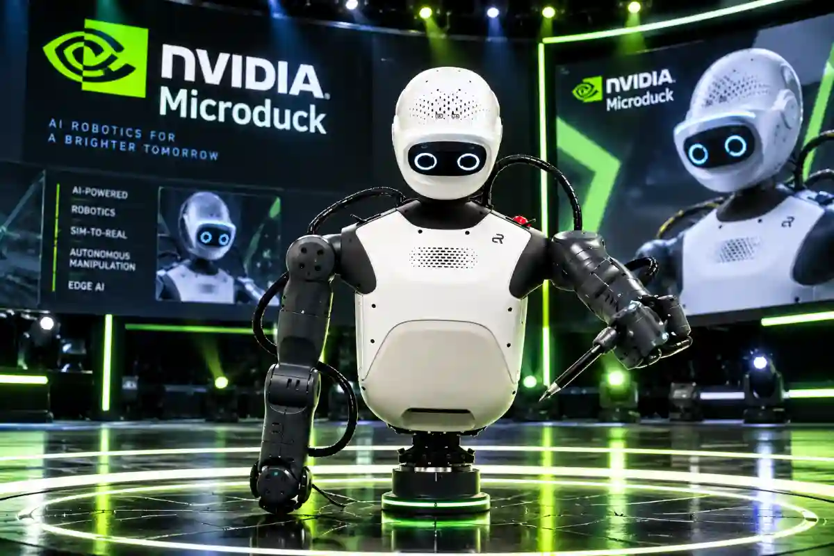 A futuristic NVIDIA Microduck AI robot with sleek white armor and green accents standing on a glowing high-tech stage at GTC Berlin.