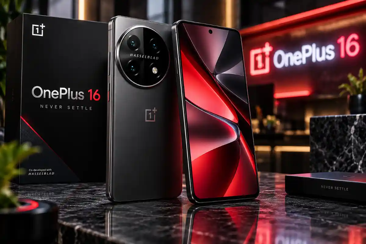 A highly detailed view of the upcoming OnePlus 16 smartphone on a dark reflective surface, showcasing its premium design and vibrant display screen.