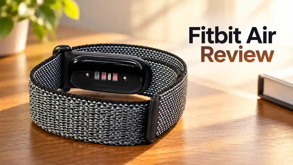 Close up of the minimalist screenless Fitbit Air tracker with its woven fabric strap designed for continuous 24-hour health monitoring