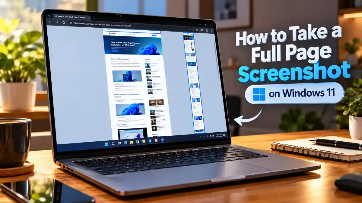 A modern laptop displaying a long webpage capture process on Windows 11, illustrating how to take scrolling screenshots