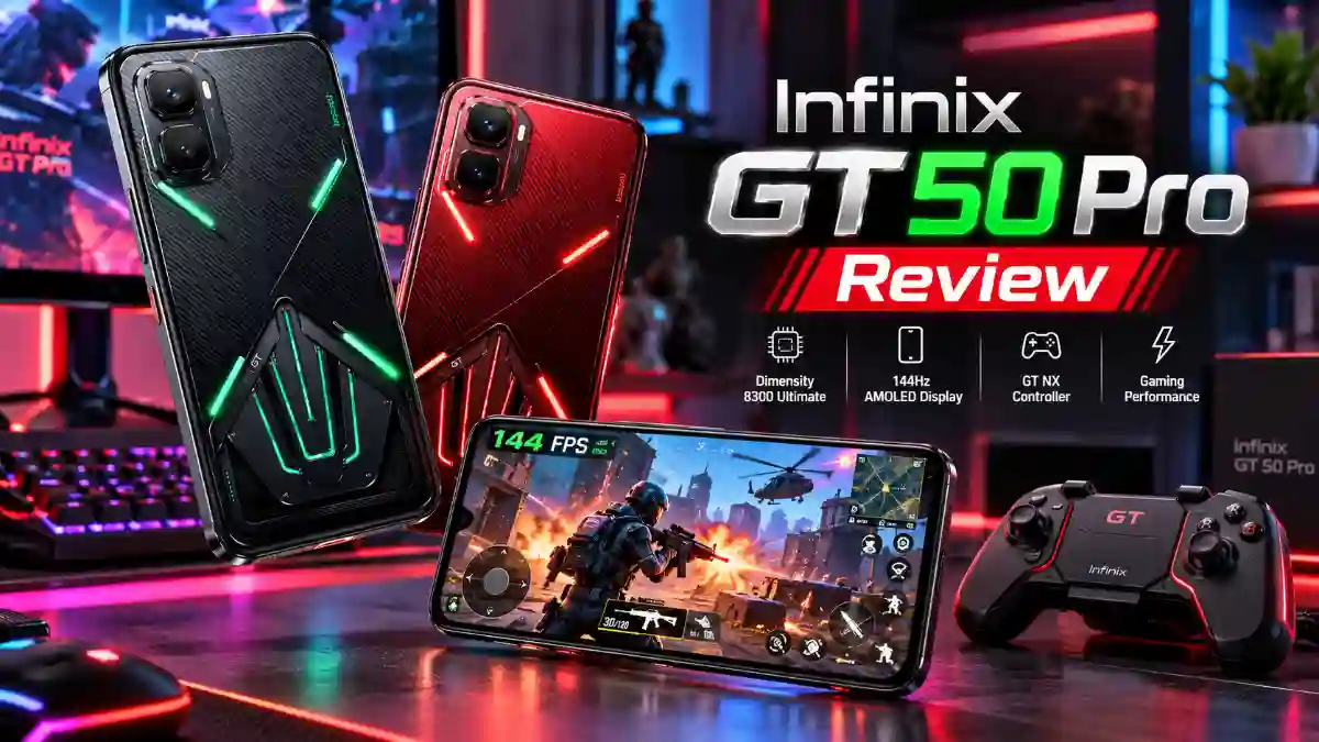 The new Infinix GT 50 Pro gaming smartphone in Abyss Black and Red Blaze, featuring a glowing 144Hz AMOLED display and attached GT NX gaming controller.