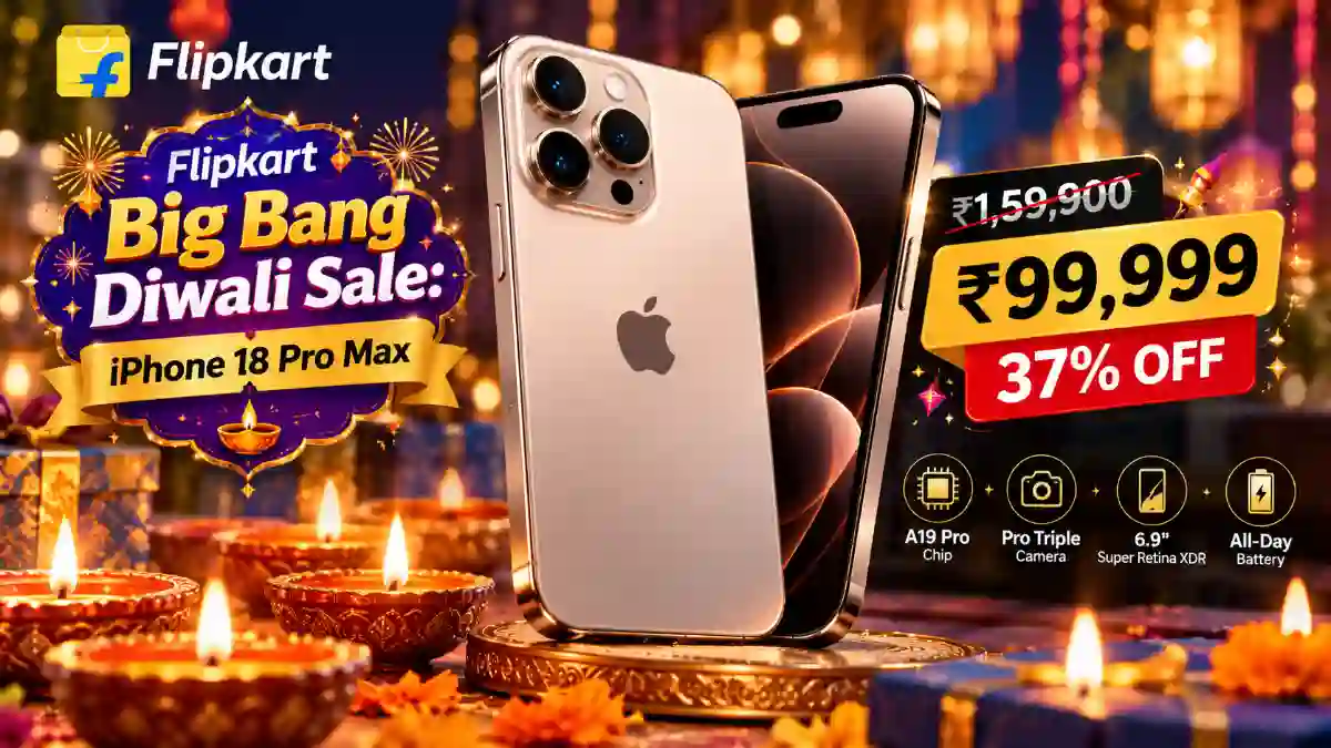 Apple iPhone 18 Pro Max smartphone displaying a massive discount offer during the Flipkart Big Bang Diwali Sale.
