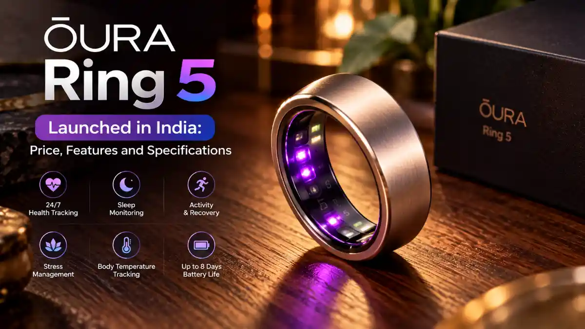 The newly launched Oura Ring 5 in brushed titanium finish showcasing its inner health sensors.