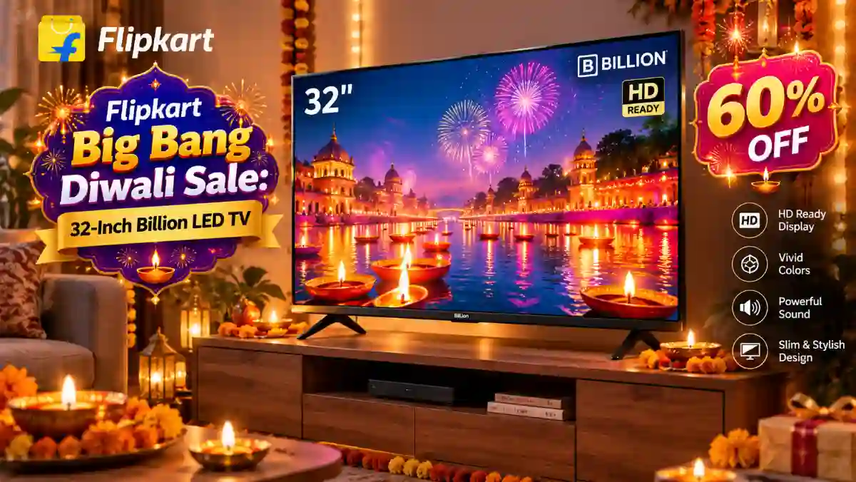 A modern 32-inch Billion LED TV surrounded by festive Diwali decorations highlighting the massive Flipkart sale discount.