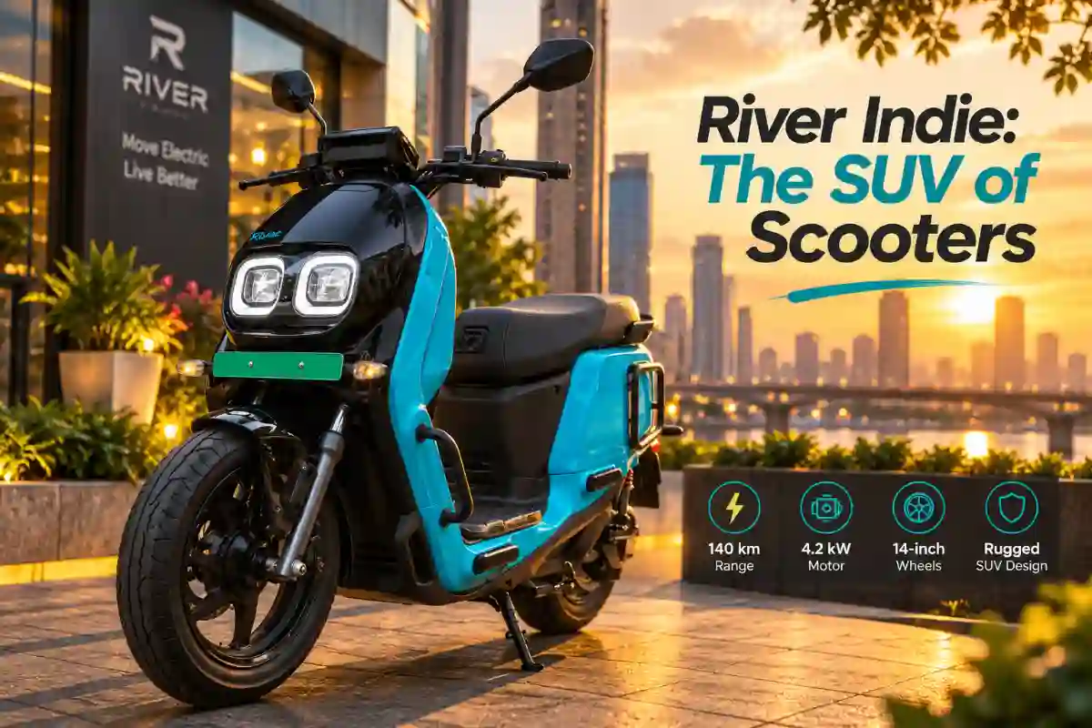 River Indie electric scooter parked in a modern city setting highlighting its rugged design and large alloy wheels.