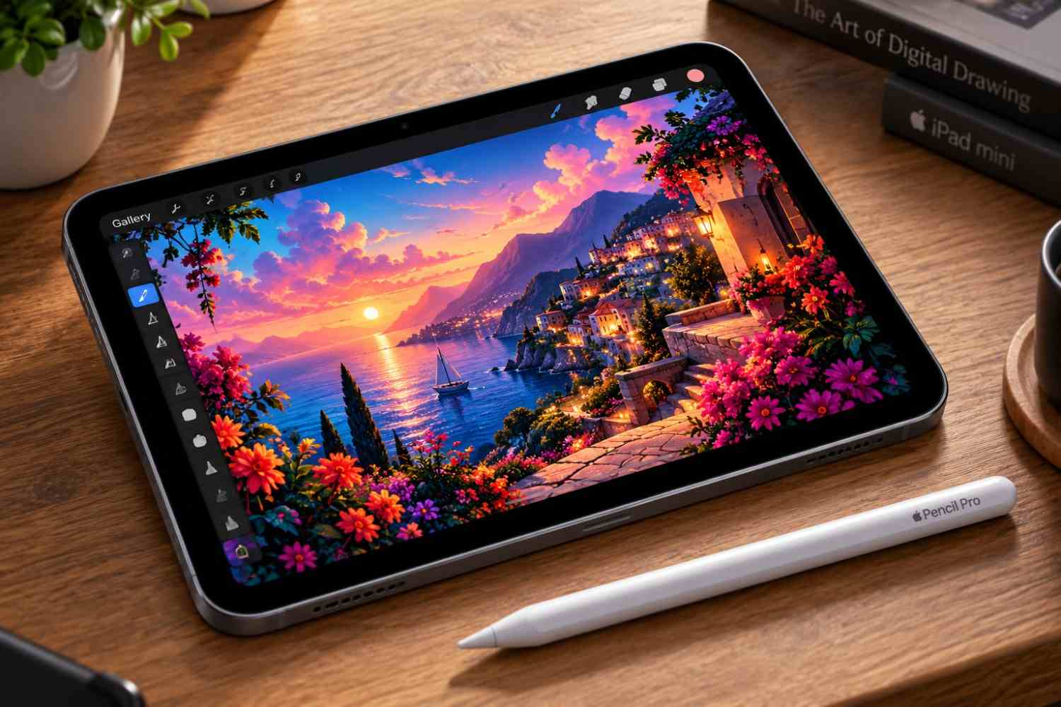 Close up of the new iPad mini OLED display showing a colorful digital illustration and an Apple Pencil Pro resting on a desk