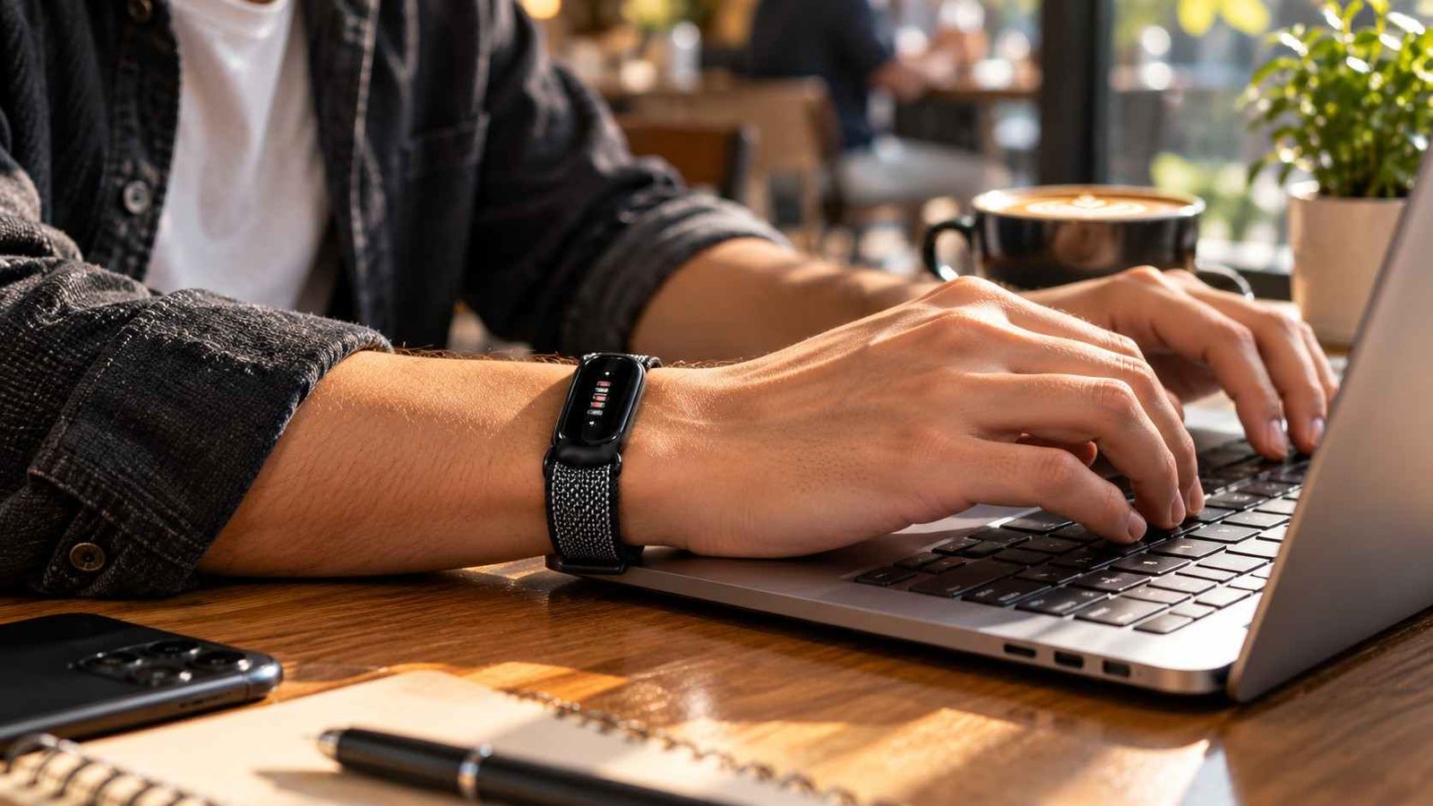 A professional working on a laptop while wearing the minimalist Fitbit Air screenless fitness tracker on their wrist