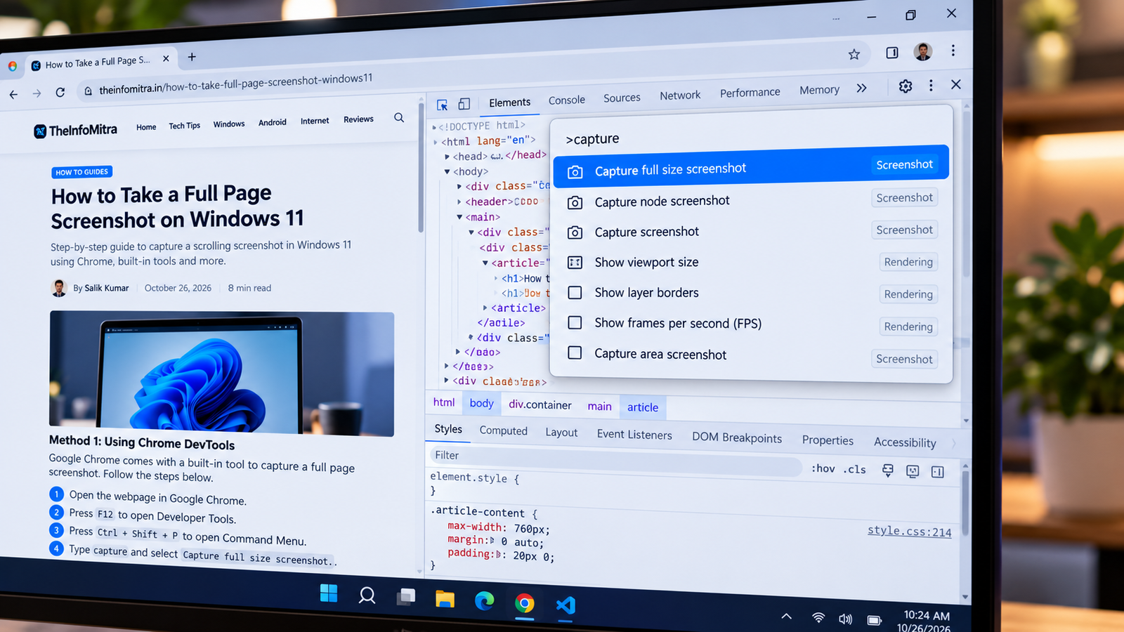 A close up view of Google Chrome Developer tools showing the run command menu to capture a full size scrolling screenshot
