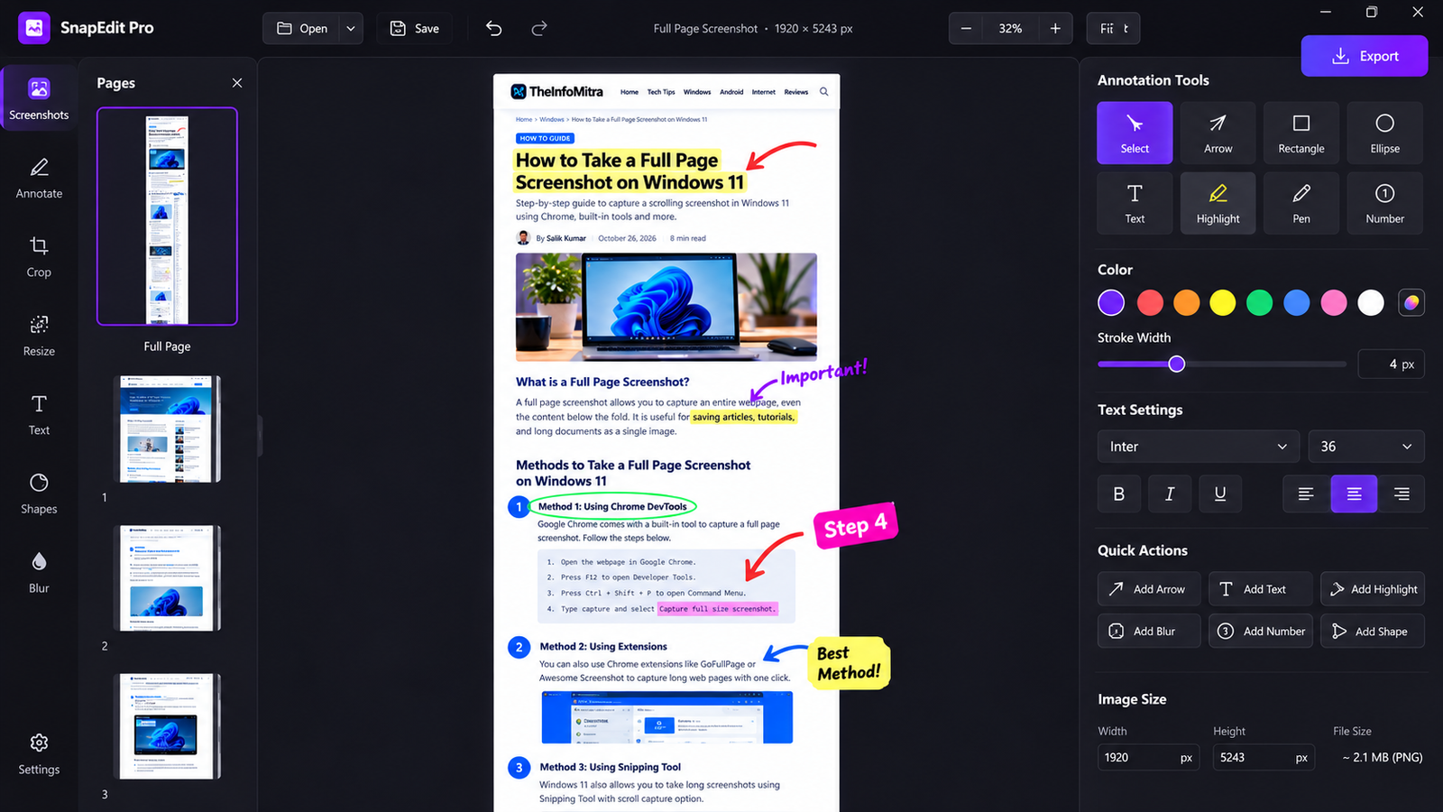A modern screenshot editing software interface showing a long stitched document capture with annotation tools
