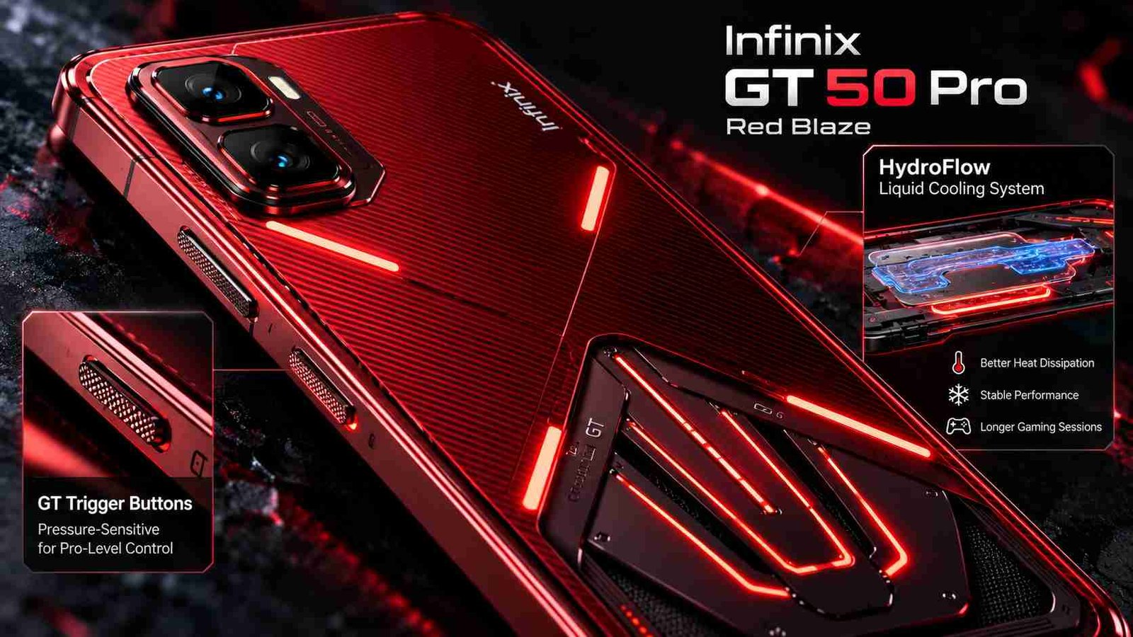 The rear panel of the Infinix GT 50 Pro smartphone showing the HydroFlow liquid cooling system and GT Trigger shoulder buttons.