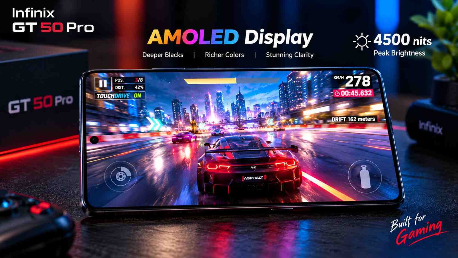 Close up view of the Infinix GT 50 Pro 144Hz AMOLED screen displaying a high-end mobile racing game with vibrant colors.