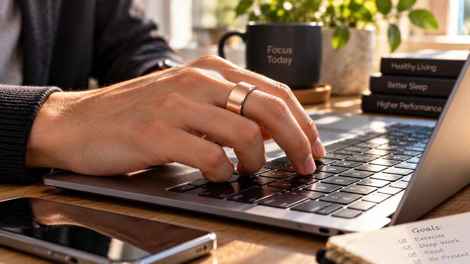 Person typing on a laptop while wearing the new rose gold Oura Ring 5, demonstrating its seamless integration into daily life.